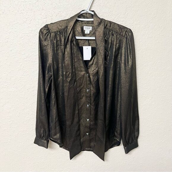 NWT J. Crew Size XS Long Sleeve Bow Button Blouse Luxurious Foil - Picture 1 of 7